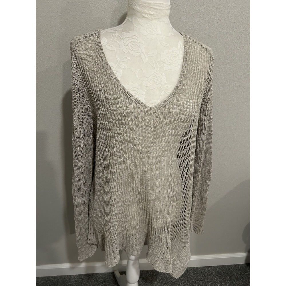 Eileen Fisher Lightweight Sweater XL Linen Blend Open Weave Beige Asymmetric Hem